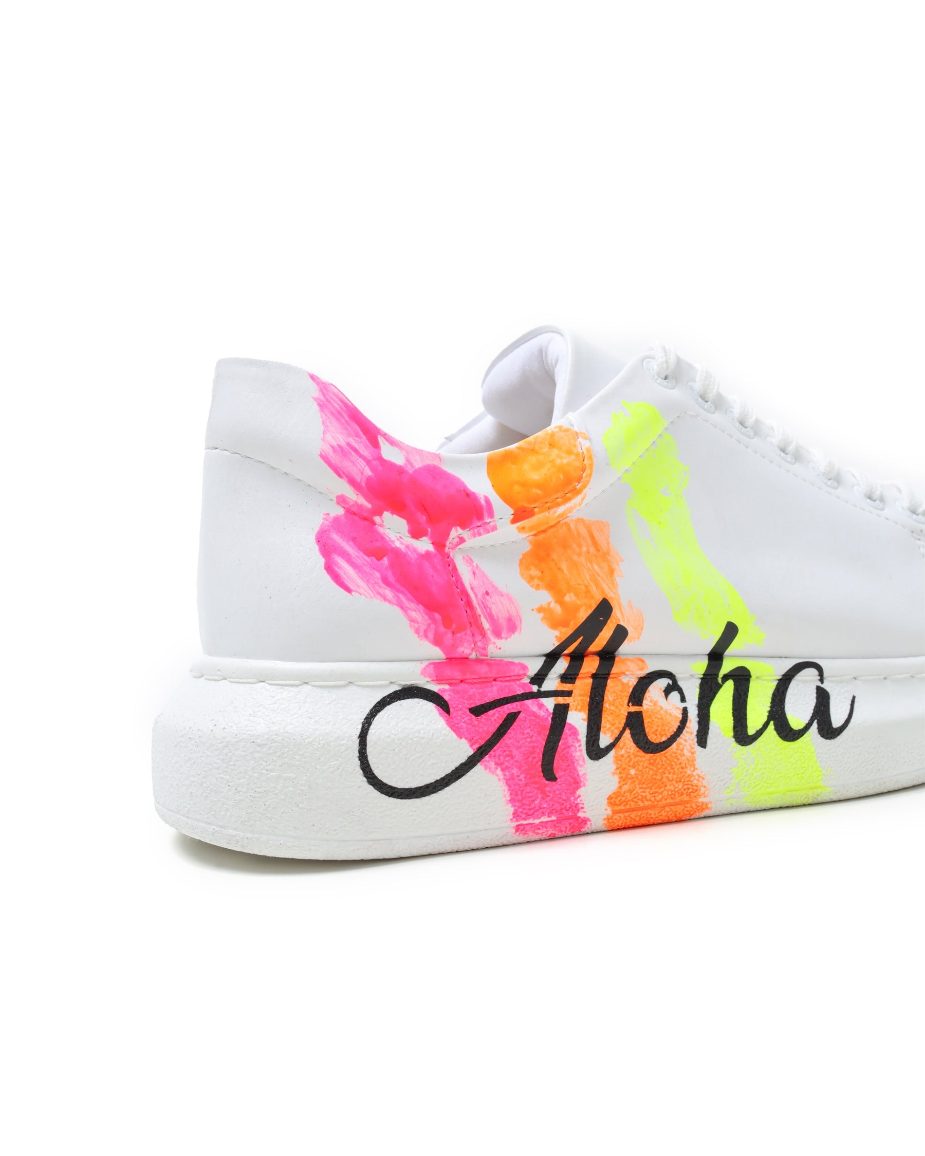 Aloha Three Stripes hand-painted custom sneaker in white by Apollo Moda, view 4
