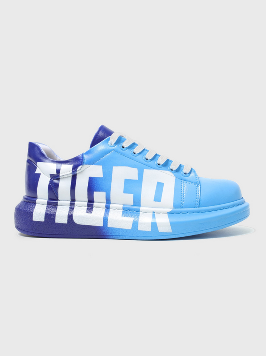 Apollo Moda Men's Genova Tiger blue hand-painted custom sneaker with white lettering, main product photo