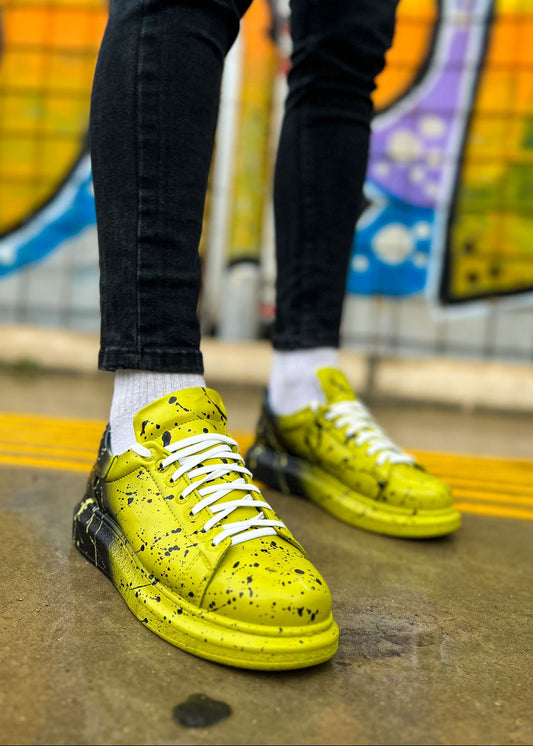 Men's Color Wave Vivid Fusion by Apollo Moda, hand-painted black sneaker with yellow splatter, second angle
