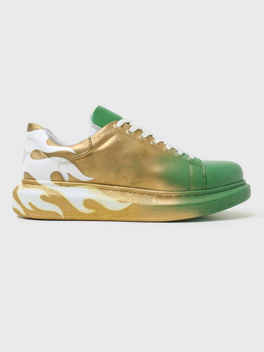 Apollo Moda Men's Kinetic Vibe Dynamic Vibe green and gold flame hand-painted sneaker, main product photo