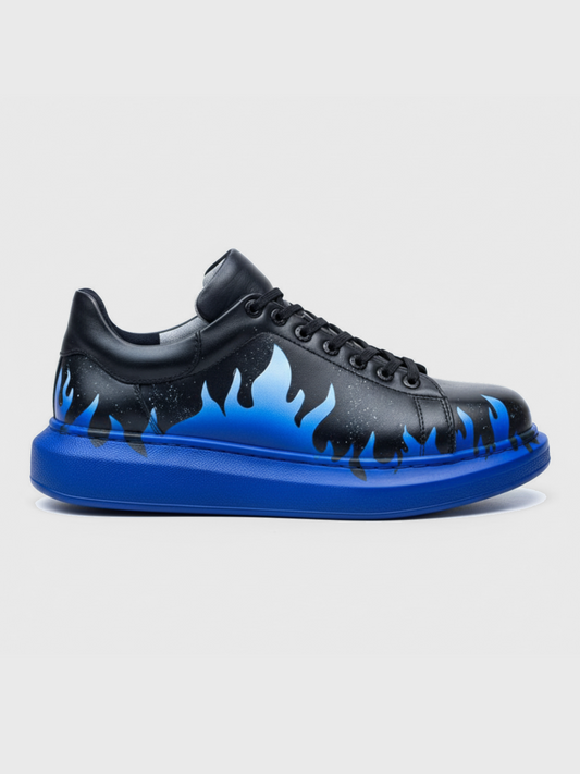 Apollo Moda Men's Kinetic Vibe Rhythm Shift blue and black flame hand-painted sneaker, main product photo