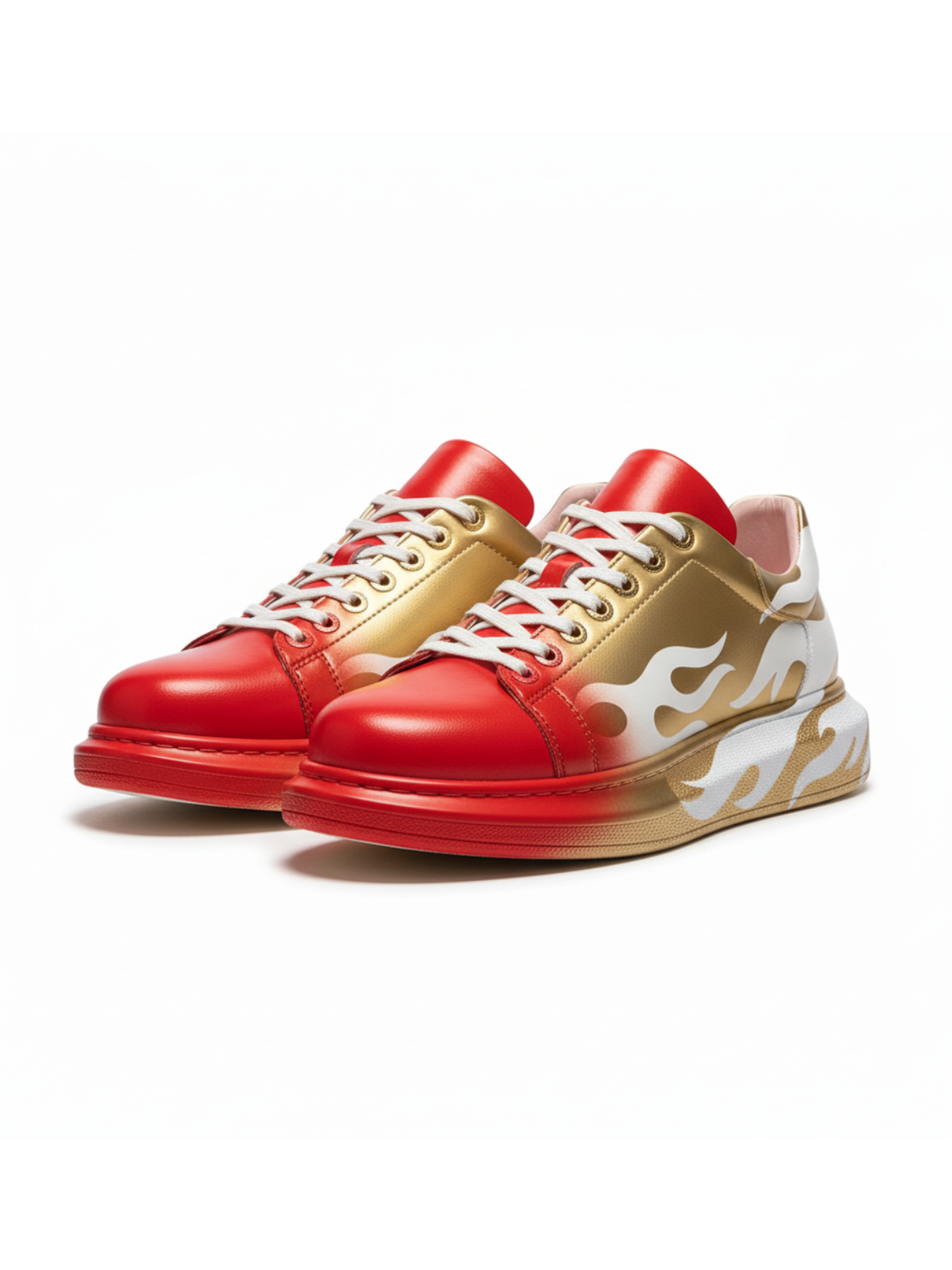 Kinetic Vibe Vivid Motion gold and red flame sneaker by Apollo Moda, third angle