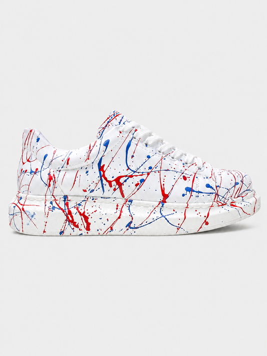 Apollo Moda Men's Porto Vibe white sneaker with red and blue paint splatter, main product photo