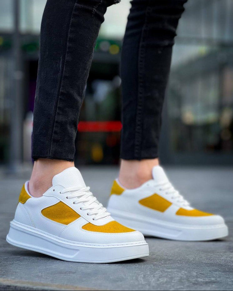 Men's Artemis Helio by Apollo Moda, white sneaker with yellow accents, second angle