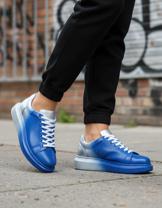 Men's Color Wave Duo Dynamics by Apollo Moda, hand-painted blue and silver fade sneaker, second angle
