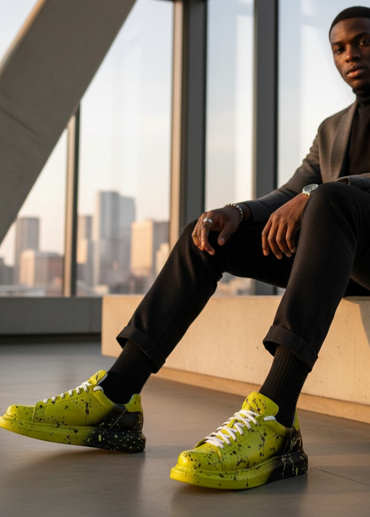 Color Wave Vivid Fusion hand-painted recycled vegan leather sneaker by Apollo Moda, third angle