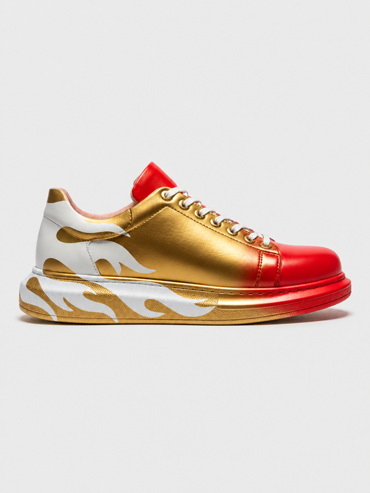 Apollo Moda Men's Kinetic Vibe Vivid Motion gold and red flame hand-painted sneaker, main product photo