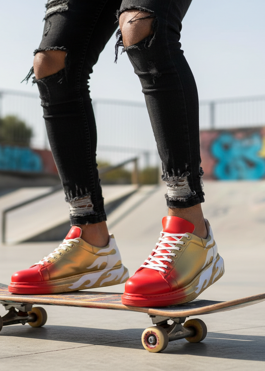 Men's Kinetic Vibe Vivid Motion by Apollo Moda, hand-painted flame custom sneaker, second angle
