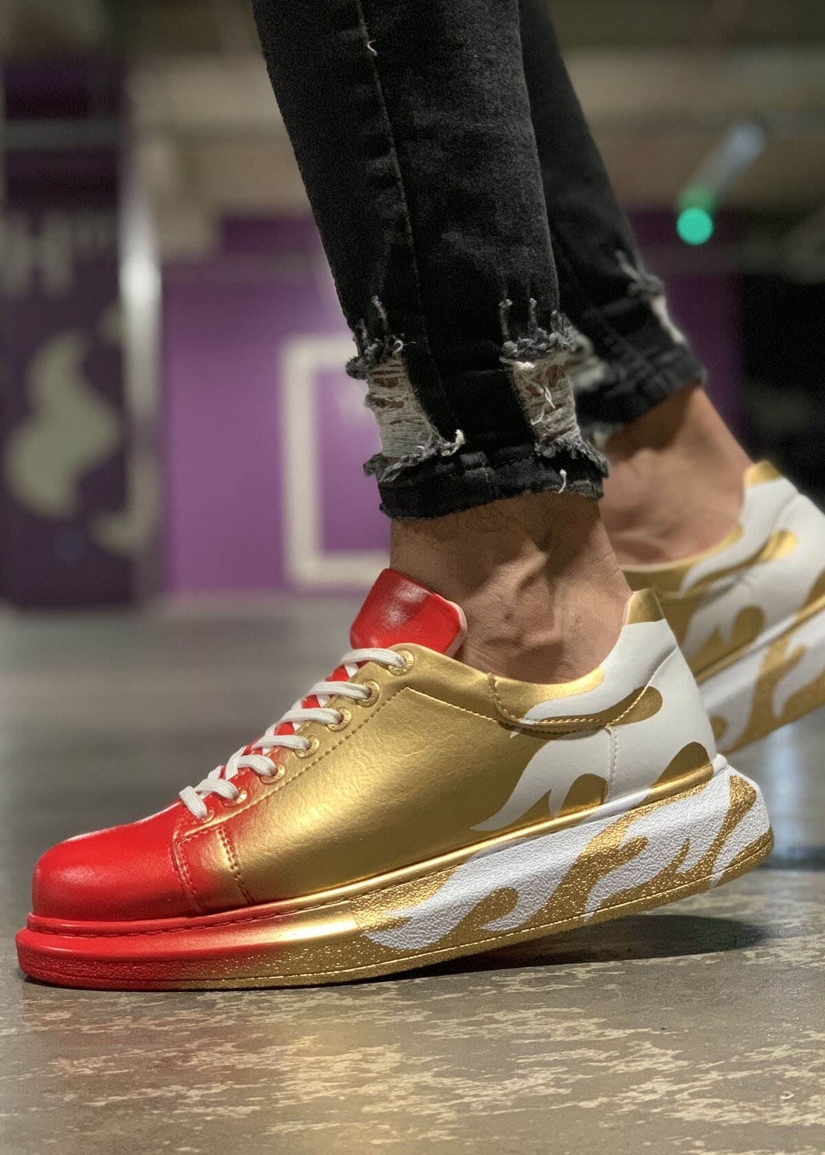 Kinetic Vibe Vivid Motion hand-painted flame custom sneaker by Apollo Moda, fifth angle