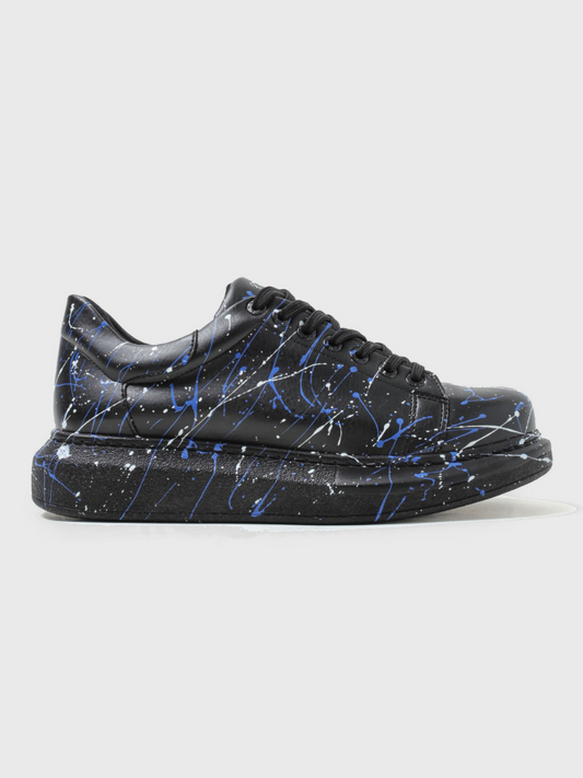 Apollo Moda Men's Stardust Flow black sneaker with blue and white splatter, main product photo