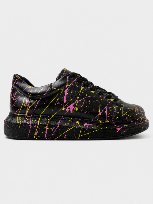 Apollo Moda Men's Stardust Rhythm black sneaker with pink and yellow splatter, main product photo