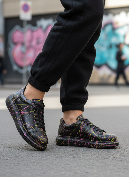Men's Stardust Rhythm by Apollo Moda, hand-painted splatter custom sneaker, second angle